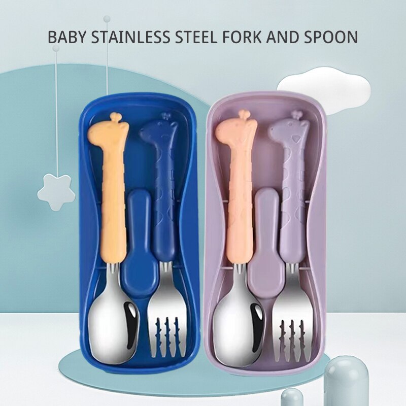 Baby Food Utensil - ชุดช้อนส้อมสำหรับเด็ก 2 ชิ้น ทำจากสแตนเลสเกรดอาหาร 304 อุปกรณ์ฝึกทานอาหารสำหรับเด็ก