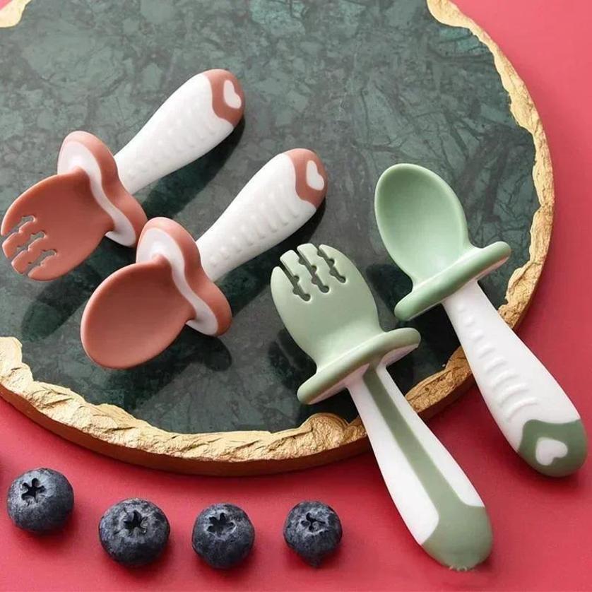 Baby Food Utensil - ช้อนเด็ก ช้อนส้อมซิลิโคน ชุดอาหารเด็ก ชุดอาหารเด็ก ชุดช้อนเรียนรู้ ชุดช้อนสั้น