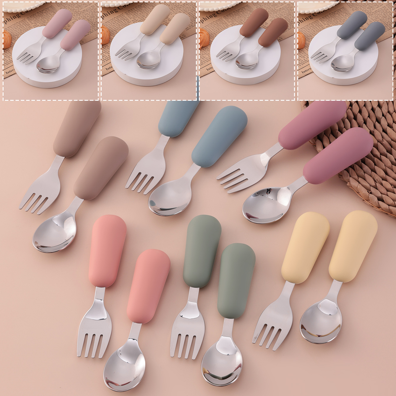 Baby Food Utensil - สีเด็ก 2PCS สแตนเลสสตีลช้อนส้อมชุดให้อาหารเด็กเป็นมิตรกับสิ่งแวดล้อมเด็กวัยหัดเดินภาชนะ BPA ฟรีเด็กอาหารเย็นเด็ก Stuff