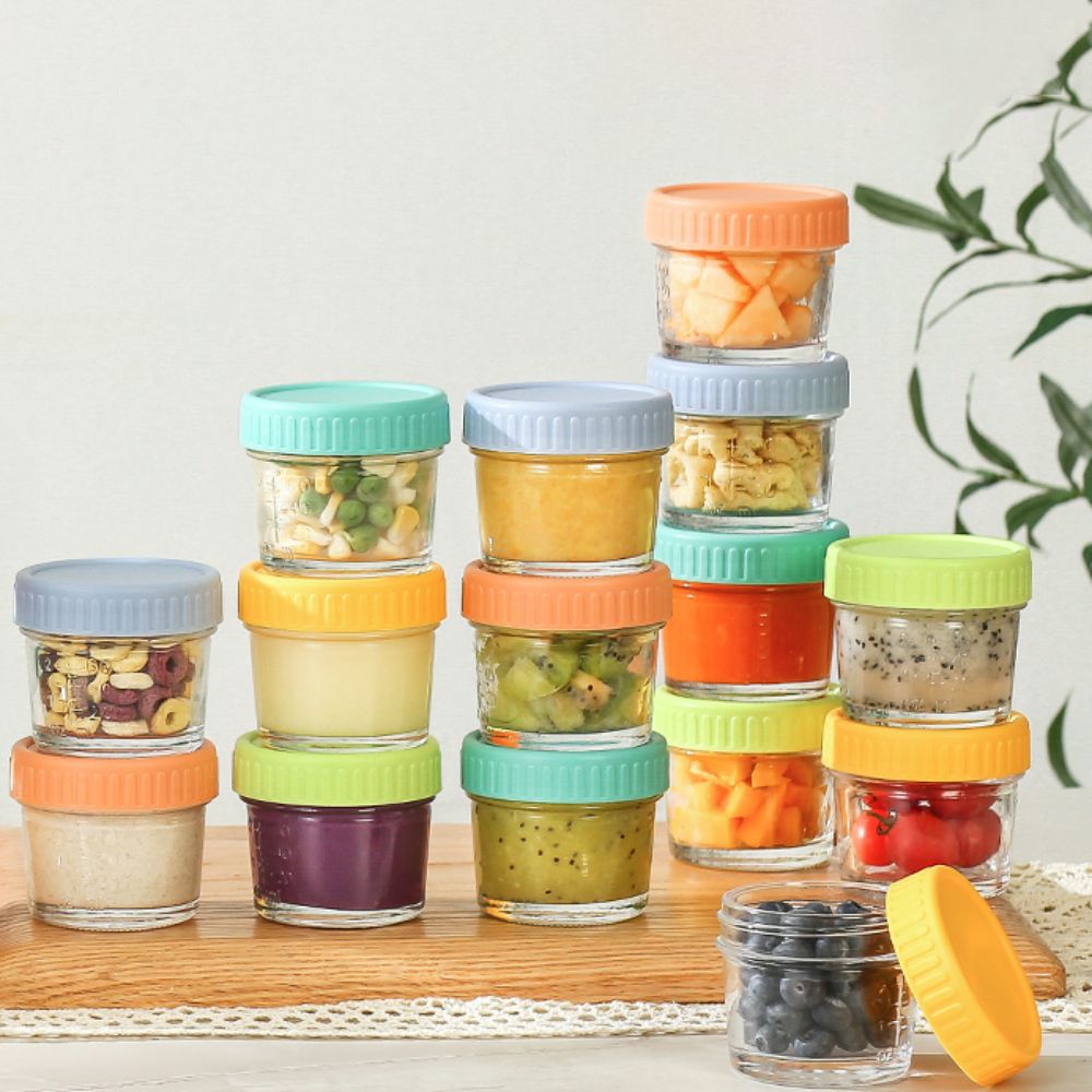 Baby Food Glass - ขวดแก้วใส่อาหารเด็กแบบใช้ซ้ำได้ 6 ชิ้น พร้อมฝาปิด ถ้วยน้ำจิ้มกันรั่ว มีสเกล