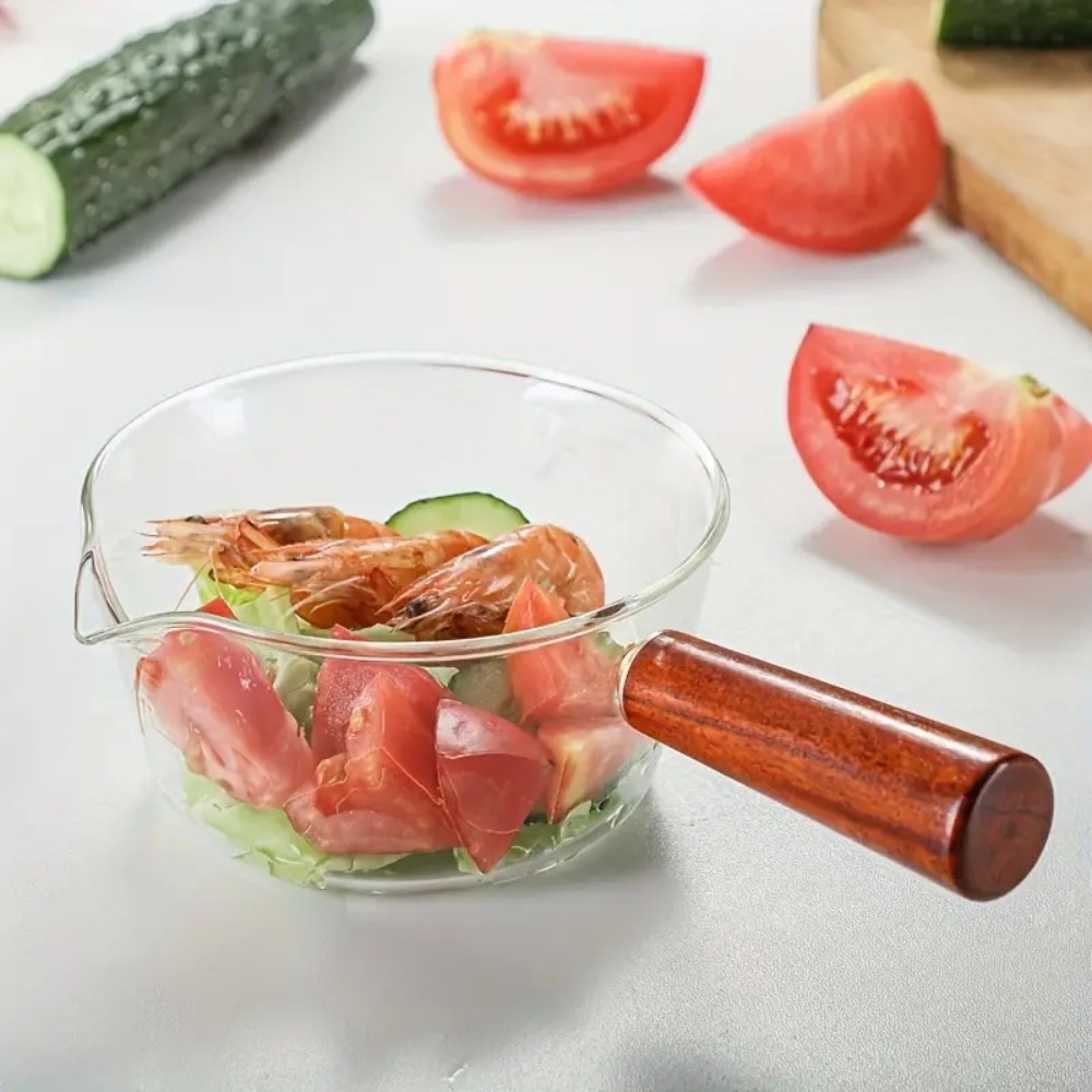 Baby Food Glass - หม้อแก้วด้ามไม้แฟชั่น ทนความร้อน ใช้สำหรับอุ่นนม ซอส หรืออาหารเด็ก ขนาดเล็ก