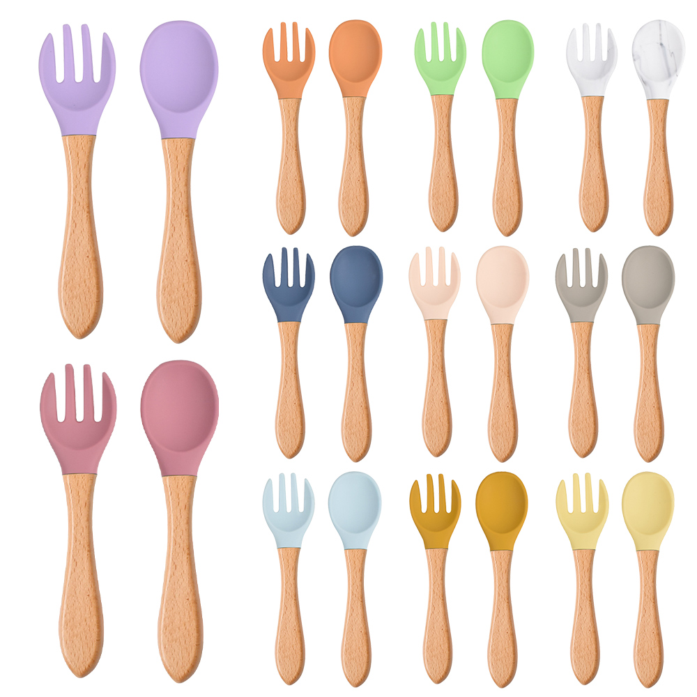 Baby Food Utensil - 2 ชิ้น/เซ็ตเด็กซิลิโคนช้อนส้อมไม้ Handle Baby Feeding Tableware