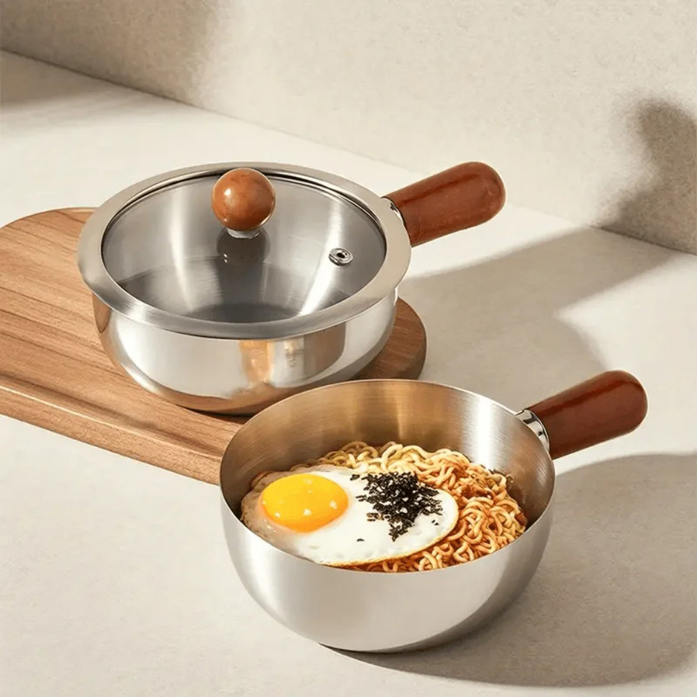 Baby Food Cooking Set - หม้อสแตนเลสสำหรับคนเดียว ชามปรุงอาหารอเนกประสงค์พร้อมด้ามจับไม้ สำหรับเตาแก๊สและเตาไฟฟ้า หม้อสำหรับทำอาหารเด็กและนม