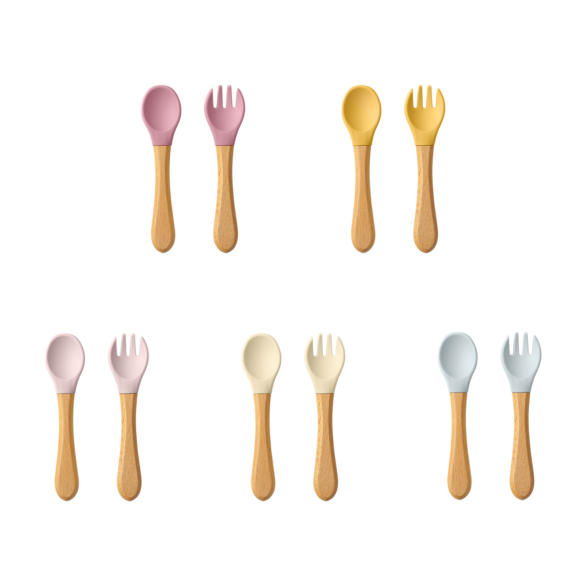 Baby Food Utensil - 2PCS เด็กการเรียนรู้ช้อนชุดอาหารเกรดไม้ Handle ซิลิโคนช้อนส้อมช้อนส้อมการฝึกอบรมช้อนบนโต๊ะอาหาร
